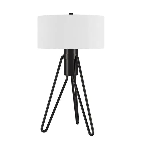 25" Black Metal Two Light Tripod Table Lamp With White Drum Shade - Irfan khan collection
