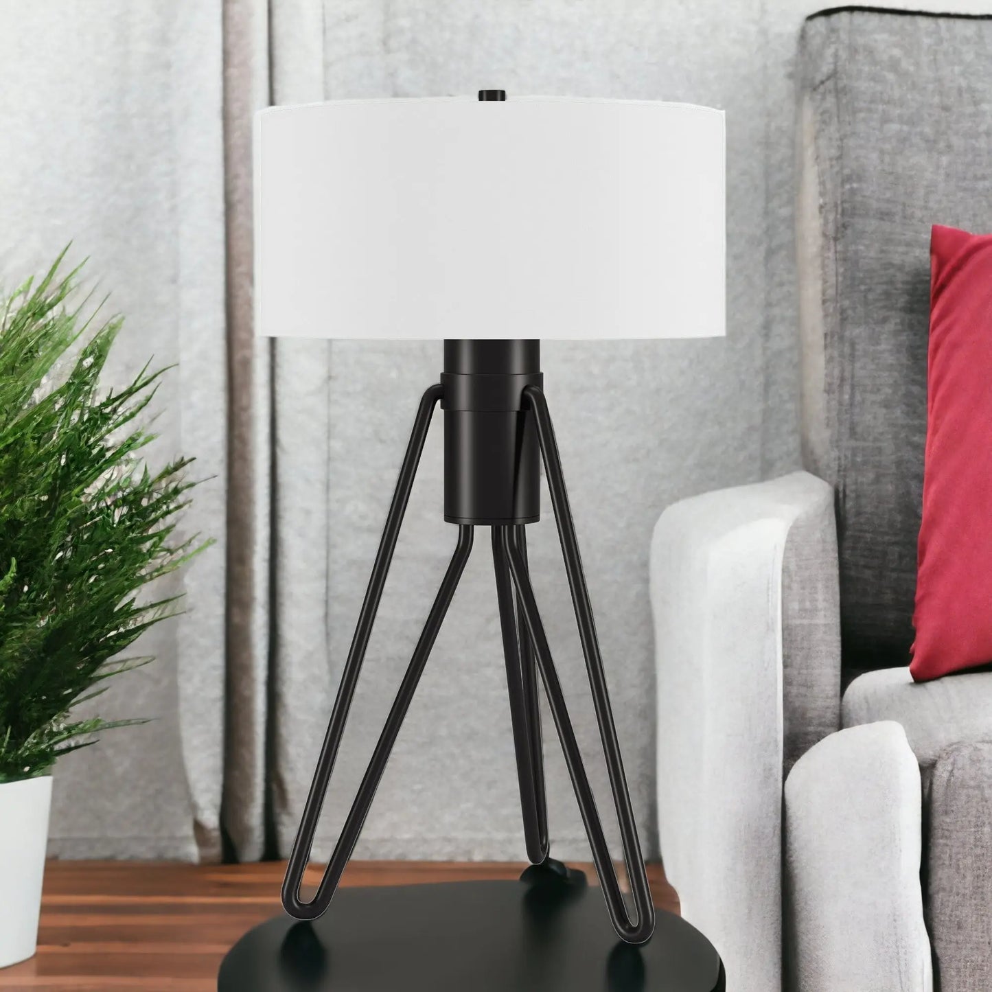 25" Black Metal Two Light Tripod Table Lamp With White Drum Shade - Irfan khan collection