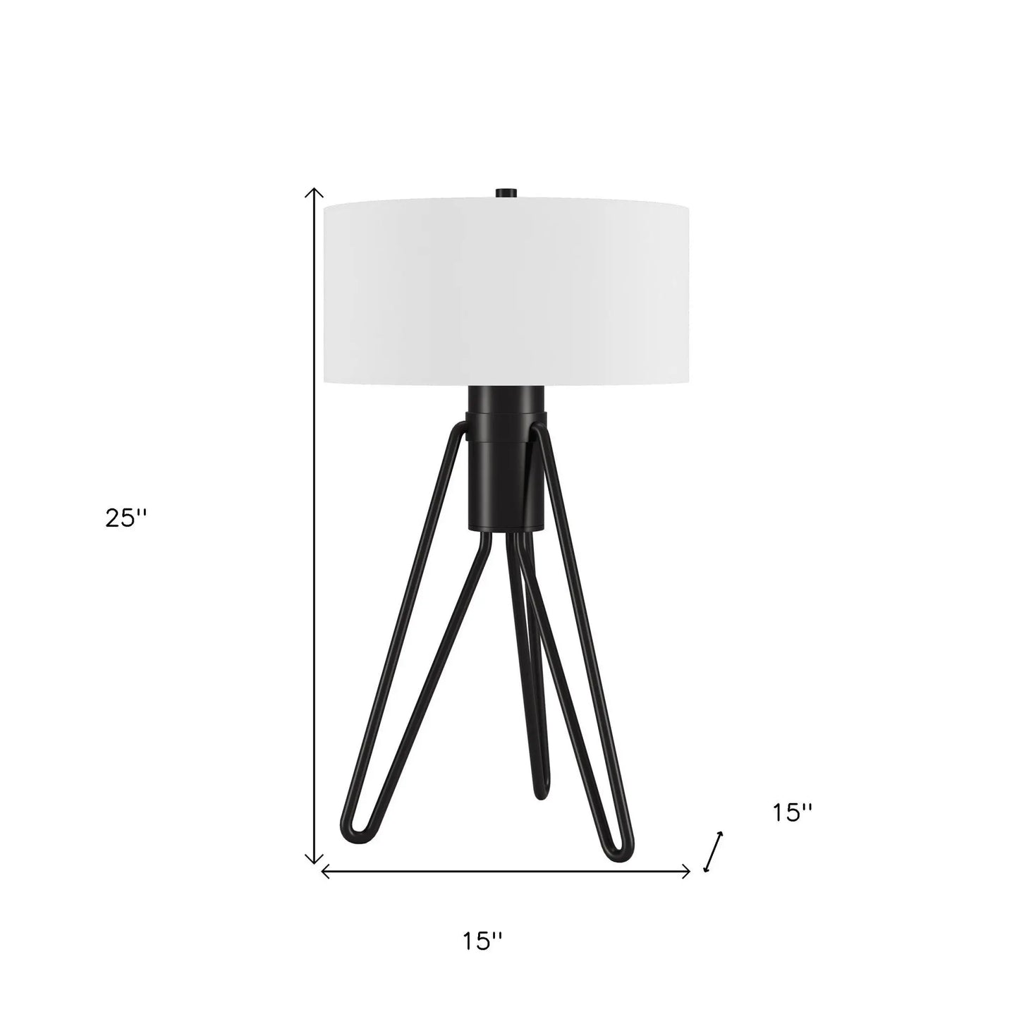 25" Black Metal Two Light Tripod Table Lamp With White Drum Shade - Irfan khan collection
