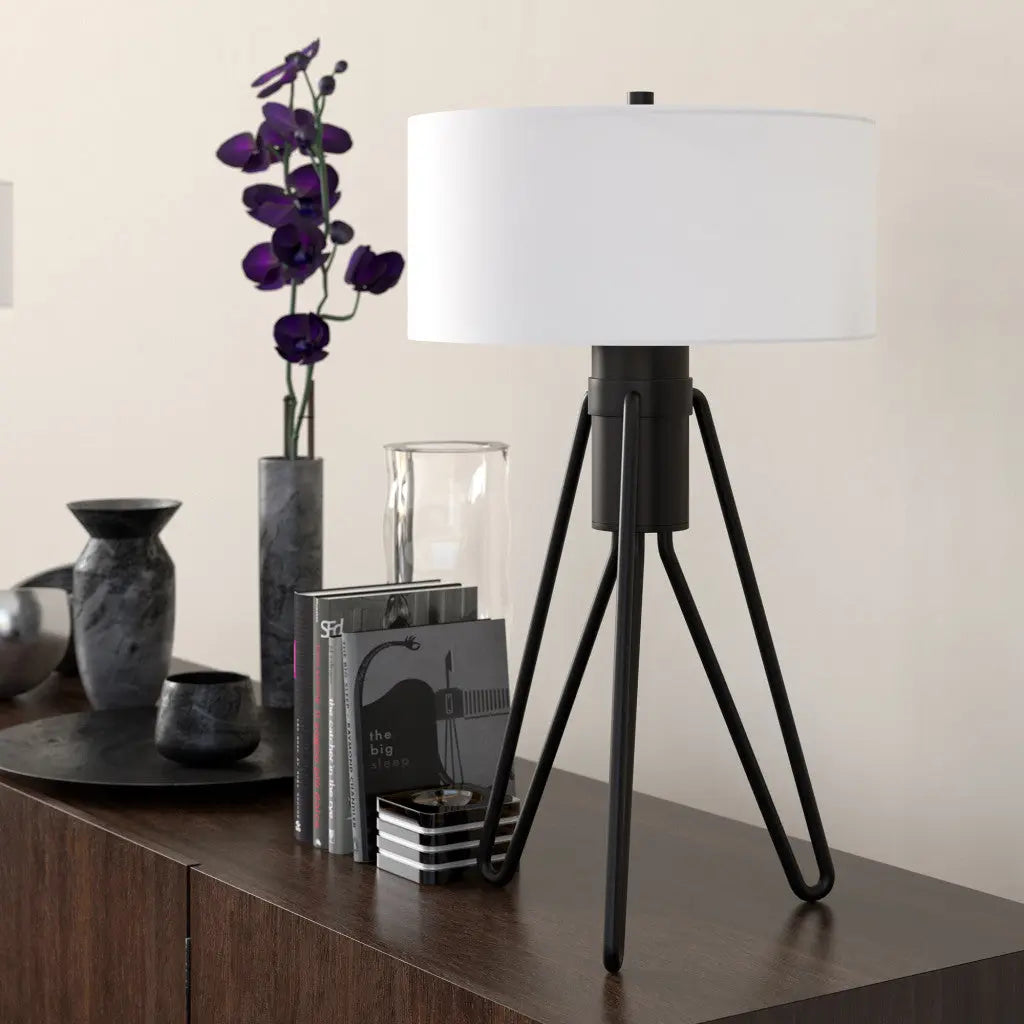 25" Black Metal Two Light Tripod Table Lamp With White Drum Shade - Irfan khan collection