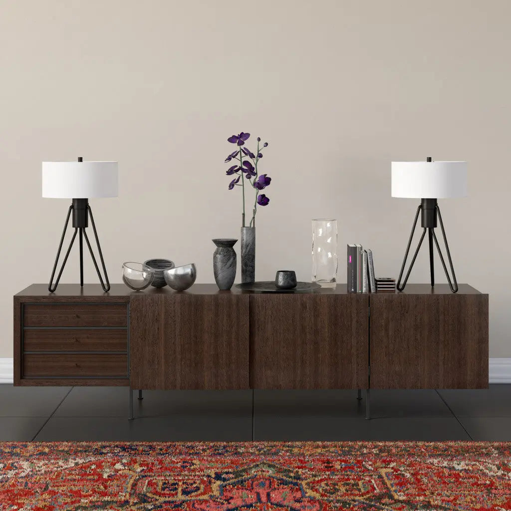 25" Black Metal Two Light Tripod Table Lamp With White Drum Shade - Irfan khan collection