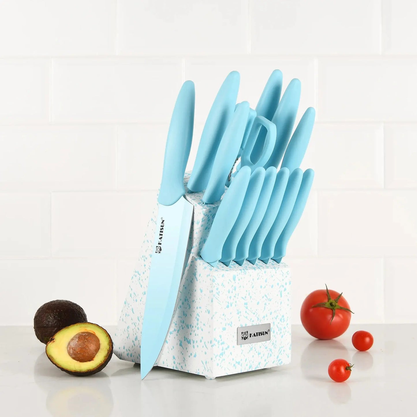 14 Pieces Blue Coding High Carbon Steel Blade, No Rust, and Super Sharp Knife Set with Wooden Stand and Kitchen Scissors - Irfan khan collection