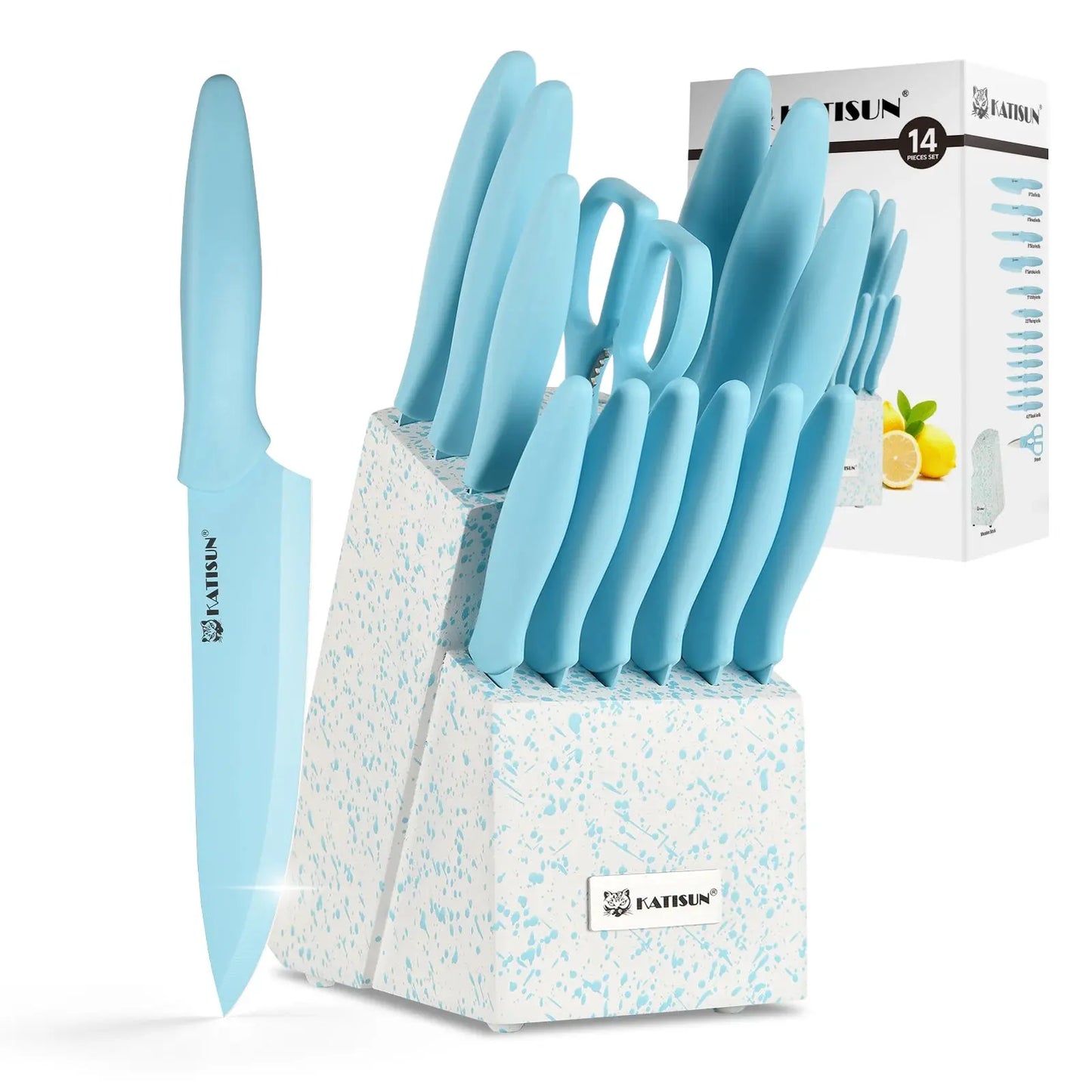 14 Pieces Blue Coding High Carbon Steel Blade, No Rust, and Super Sharp Knife Set with Wooden Stand and Kitchen Scissors - Irfan khan collection
