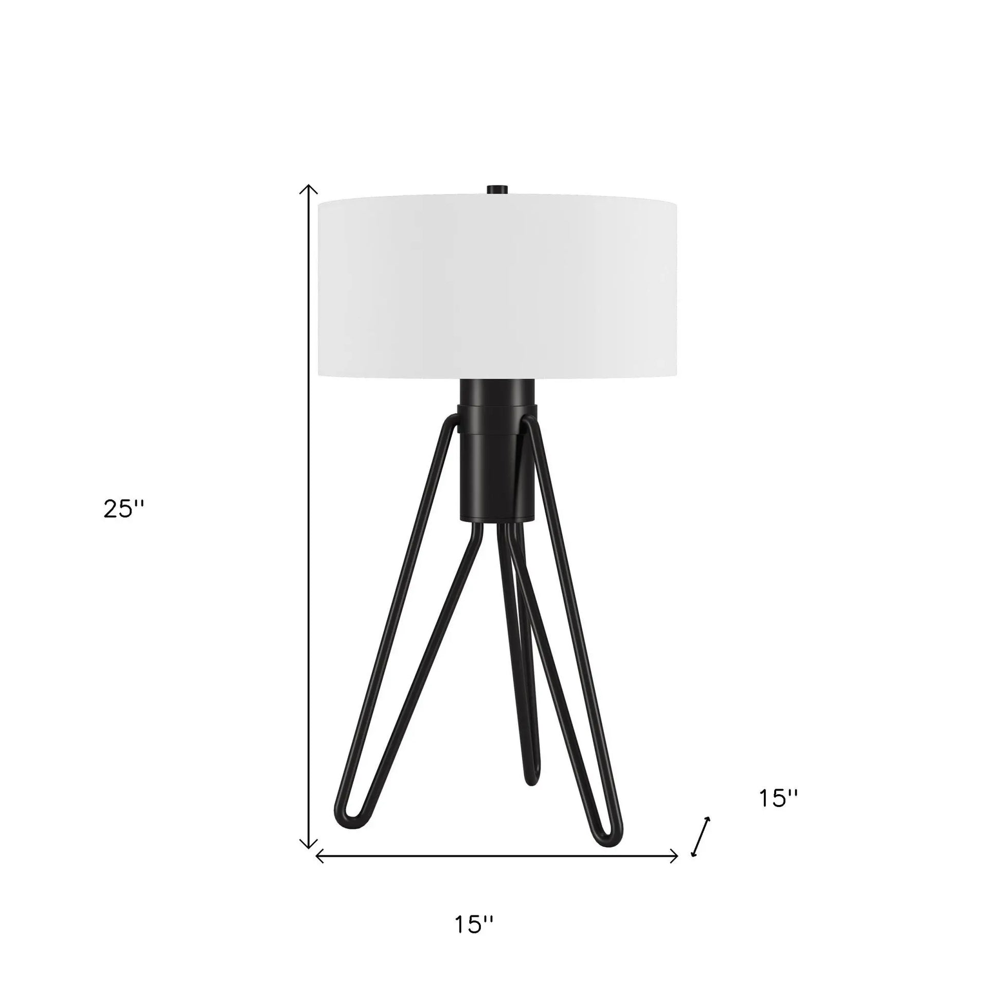 25" Black Metal Two Light Tripod Table Lamp With White Drum Shade - Irfan khan collection