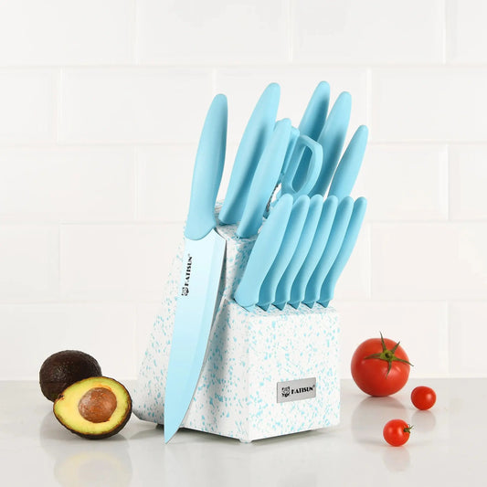 14 Pieces Blue Coding High Carbon Steel Blade, No Rust, and Super Sharp Knife Set with Wooden Stand and Kitchen Scissors - Irfan khan collection