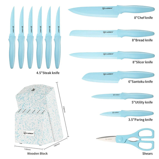14 Pieces Blue Coding High Carbon Steel Blade, No Rust, and Super Sharp Knife Set with Wooden Stand and Kitchen Scissors - Irfan khan collection