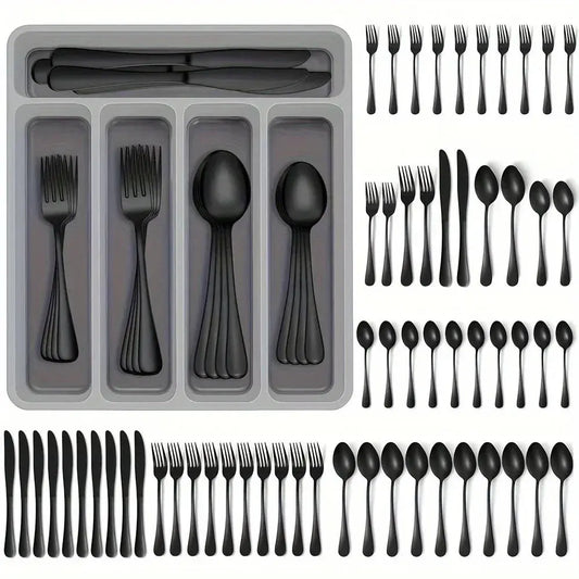 60 Pieces Cutlery Set with Drawer Storage Box Including Knives, Forks Spoons  Dishwasher Safe Suitable Dinnerware Set - Irfan khan collection
