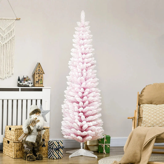 6' Snow Flocked Artificial Christmas Tree Pencil Xmas Tree W/ Branch Tips Pink - Irfan khan collection